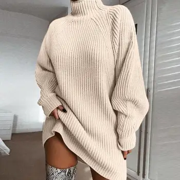 Платье-свитер, однотонная водолазка, осень-зима, вязаное платье свободного кроя для повседневной носки