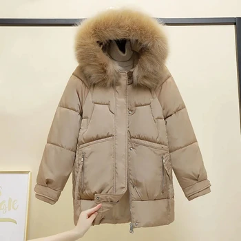 Хлопковая куртка женская средней длины, новинка 2023 года, Южная Корея, свободная пуховая стеганая куртка, толстая куртка с большим шерстяным воротником