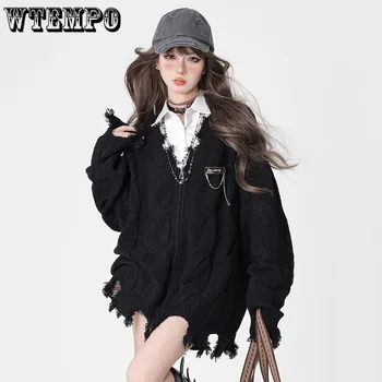 Черный кардиган-свитер с V-образным вырезом, женское вязаное пальто на молнии, свободный нерегулярный подол с кисточками, Горячая американская мода, уличная одежда Осень-зима