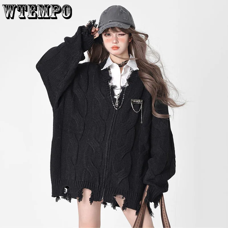 Черный кардиган-свитер с V-образным вырезом, женское вязаное пальто на молнии, свободный нерегулярный подол с кисточками, Горячая американская мода, уличная одежда Осень-зима