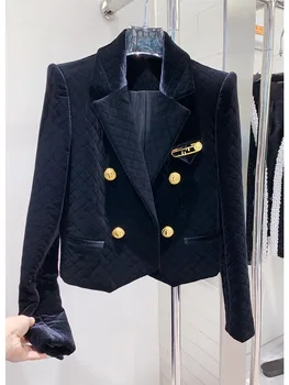 ХАЙ-СТРИТ, Новейшая осенне-зимняя дизайнерская куртка 2024 года, Женская брошь, украшенная львиными пуговицами, Бархатный блейзер в сетку