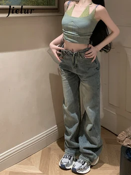 Jielur Летние Новые Корейские шикарные женские джинсы, модные джинсовые брюки с высокой талией, женский сексуальный Тонкий милый топ без рукавов