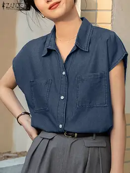 ZANZEA, летняя модная рабочая блузка, элегантная джинсовая синяя рубашка, женская однотонная туника с коротким рукавом, повседневные праздничные блузки большого размера