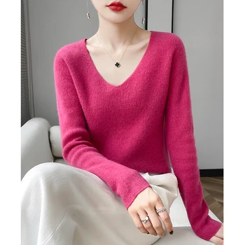 Осенне-зимний новый свитер из 100% мериноса, женский вязаный свитер с V-образным вырезом и длинными рукавами, модный тонкий теплый свитер высокого класса.