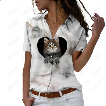 2023 Новая Женская Рубашка с коротким рукавом с Рисунком Кота, Летний Свободный Женский Кардиган на Пуговицах С 3D Принтом, Дышащая Женская Шифоновая рубашка