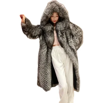 Женская шуба из искусственного меха лисы, ветровка с капюшоном, длинная куртка для молодых, теплая, повседневная зима