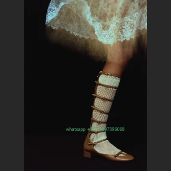 Женские коричневые сапоги из искусственной кожи с полой пряжкой до икры, обувь, черные туфли Мэри Джейнс, вечернее платье-футболка, элегантные сапоги, размер обуви 35-46