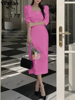 Сексуальное вечернее платье 2024 VONDA Женское модное офисное платье Миди с квадратным рукавом Повседневное однотонное платье Vestidos для работы большого размера