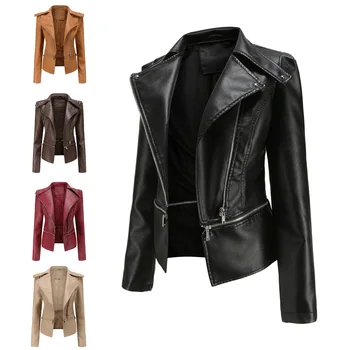 2024, весна-осень, мотоциклетная куртка из искусственной кожи, женское повседневное кожаное пальто, женская однотонная верхняя одежда с длинным рукавом и отложным воротником