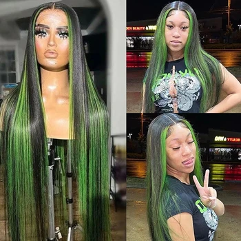 40-Дюймовые зеленые прямые парики на кружеве 13x6 HD Бразильские Длинные Прямые парики из человеческих волос с эффектом Омбре