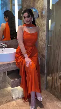 Оранжевые шифоновые платья для выпускного вечера с длинными рукавами, расшитыми бисером, без бретелек, длиной до щиколоток, женские платья для официальных мероприятий, вечерние платья