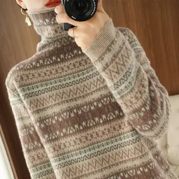 Осенне-зимний женский пуловер с высоким воротом, однотонный геометрический свитер с завинчивающейся резьбой, вязаный свитер с длинным рукавом, повседневные Элегантные топы