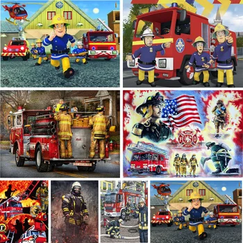 5D DIY Алмазная живопись Пожарная машина и изображение пожарного, Полная квадратная / круглая алмазная мозаика, вышивка крестиком для домашнего декора