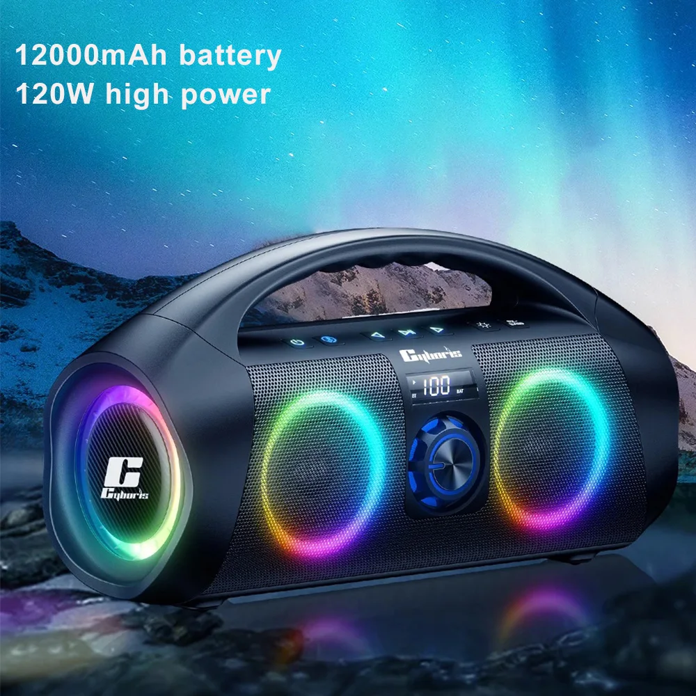 Мощный беспроводной динамик Bluetooth мощностью 120 Вт с динамической RGB подсветкой, Портативная стереосистема объемного звучания, водонепроницаемая звуковая коробка емкостью 12000 мАч