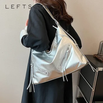Дизайн с застежкой-молнией слева 2023, роскошные Женские большие Серебряные сумки через плечо, Корейские модные сумки и кошельки, Женская сумка через плечо