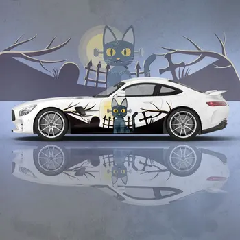 Наклейка на кузов автомобиля с кошкой на Хэллоуин, Виниловая наклейка на боковую сторону автомобиля, наклейка на кузов, наклейка для декора автомобиля, защитная пленка для автомобиля