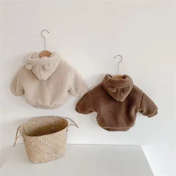 Зимняя корейская куртка с капюшоном для мальчиков и девочек и младенцев из утолщенного плюша ягненка, теплого медвежонка, хлопчатобумажная куртка, зимняя одежда для девочек