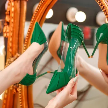 Новые женские розовые туфли-лодочки; Роскошные Дизайнерские Тонкие туфли на высоком каблуке с металлическим острым носком; Женские зеленые вечерние туфли на высоком каблуке;