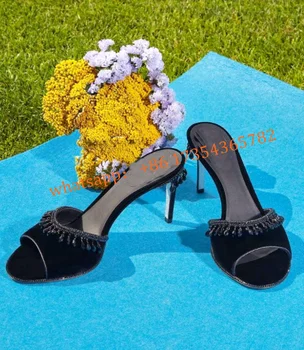 Черные бархатные босоножки со стразами и бахромой, элегантные летние женские туфли на высоком каблуке, роскошный дизайн, обувь ручной работы.
