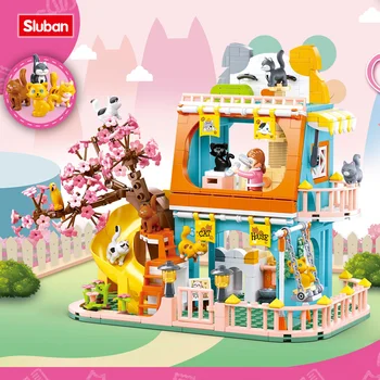 Sluban Building Block Toys Girls Dream Pink Серии B1089 Кошачий Домик Зоомагазин 521 шт. Кирпичи Совместимы С Ведущими Брендами