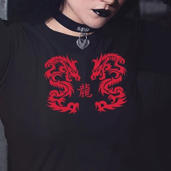 Модные женские футболки с принтом дракона, хлопковая летняя мода, Темный ад, готическая одежда, Харадзюку, Гранж 90-х, Черная футболка с графическим рисунком, футболка