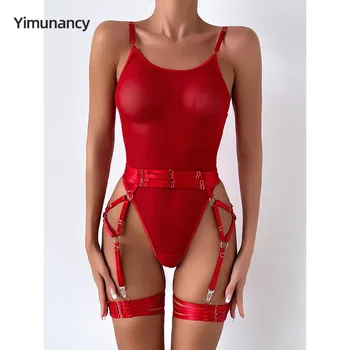 Уникальное готическое прозрачное сетчатое боди без рукавов с круглым вырезом и сплошным поясом с подвязками, сексуальное боди Body Femme