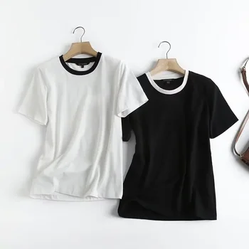 Женская базовая футболка 2023, Повседневная контрастная футболка с круглым вырезом и коротким рукавом, Тонкая Черно-белая футболка, Однотонный женский топ