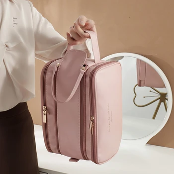 Розовая Жесткая рамка, косметичка на двойной молнии, коробка для макияжа, Мягкий чехол для хранения туалетных принадлежностей из полиуретана, органайзер в Корейском стиле для женщин 2023