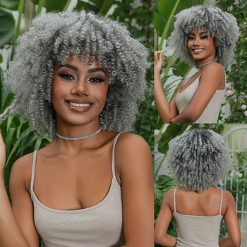 Синтетический парик Afro Kinky Curly Bomb, короткие волосы с челкой, серое омбре, полный парик для чернокожих женщин, повседневное термостойкое использование на Хэллоуин
