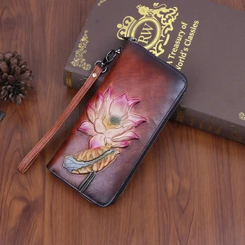 Кожаный Женский кошелек из натуральной кожи, удобный клатч с тиснением, женские ретро-зажимы для карт, женские сумки на запястье в виде цветка Лотоса, длинный кошелек