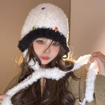 Ins Популярные плюшевые шапки-бомберы с пуговицами для женщин, осенне-зимние утепленные, с открытым лицом, маленькие универсальные кепки-пуловеры