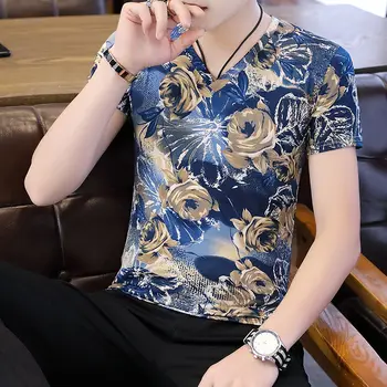Летняя корейская мужская футболка ice silk с короткими рукавами, облегающая фигуру, с V-образным вырезом, цветная футболка Плюс размер M-3XL