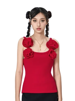 Женские летние облегающие топы на бретелях, красные, без рукавов, эстетичный 3D Цветочный декор, вязаные Тонкие жилетки, топы Y2k Streetwear