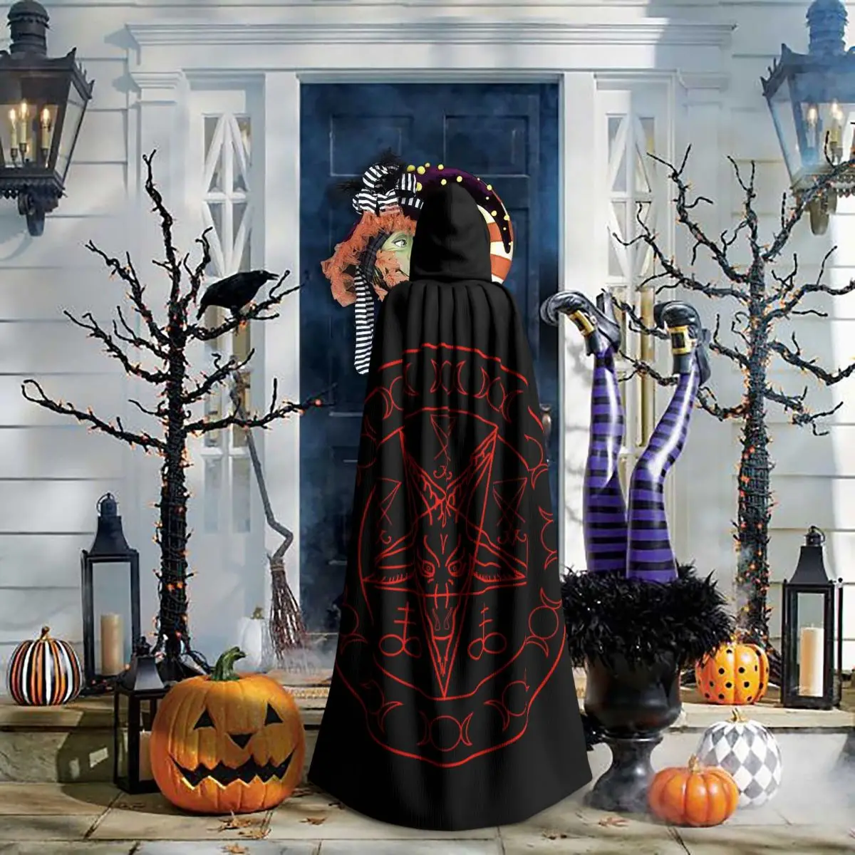 Плащ Бафомета и Люцифера на Хэллоуин для взрослых, Средневековый костюм с капюшоном, длинное парадное пальто