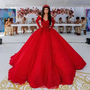 Красные кружевные бальные платья с аппликацией в виде 3D цветов, пышные платья с открытыми плечами, корсет с длинным рукавом, Sweet 16 Vestidos De XV Años