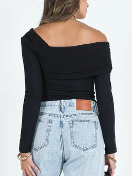 Женский укороченный топ с открытыми плечами и рюшами с длинным рукавом - стильный однотонный пуловер-футболка для уличной моды