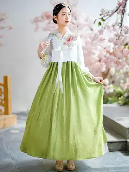 Многоцветная традиционная корейская одежда для женщин придворный национальный костюм Ханбок Сценическое танцевальное платье Одежда для новогодней вечеринки한복