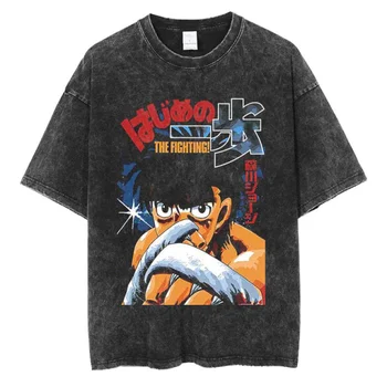 Новые футболки с рисунком аниме Hajime No Ippo, Мужские винтажные футболки из потертого хлопка, топы Harajuku, повседневная футболка с принтом манги оверсайз