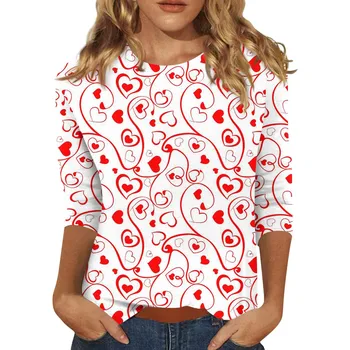 Женские футболки с креативным изображением сердца, футболки с круглым вырезом и рукавом три четверти, футболки с принтом ко Дню Святого Валентина, модные футболки для пары