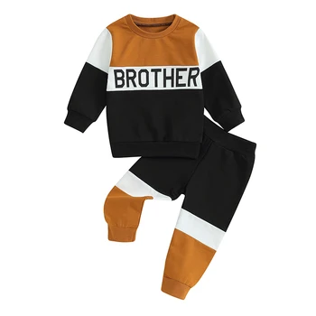 Осенняя одежда для маленьких мальчиков контрастного цвета с буквенным принтом, пуловер с длинными рукавами, брюки с эластичной резинкой на талии, комплект из 2 предметов