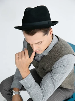 Шерстяная фетровая шляпа, джазовая шляпа с закатанными краями в европейском и американском британском стиле, шляпа джентльмена с большой головкой, мужской цилиндр высокого класса