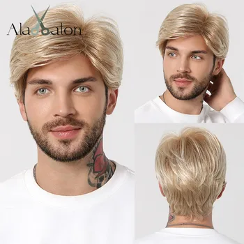 Синтетический парик ALAN EATON Blonde Для мужчин, короткий Пушистый Многослойный парик, натуральный светлый парик для мужского ежедневного косплея, Термостойкий