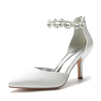 Атласные свадебные туфли на высоком каблуке со стразами для невесты, женские туфли-лодочки с острым носком и молнией сзади, Вечерние босоножки для вечеринок, свадебные туфли на каблуках