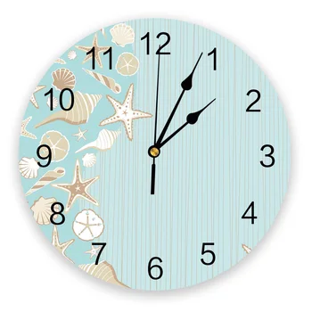 Раковина морской звезды Синие полосы Настенные часы для спальни Большие Современные кухонные Обеденные Круглые настенные часы Часы для гостиной Домашний декор