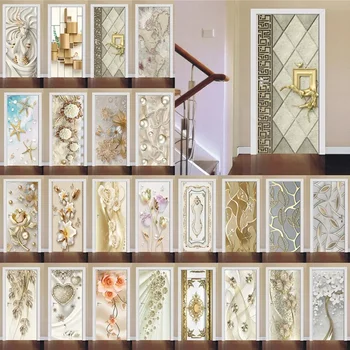 3D Золотые наклейки для украшения дверей Мраморные Простые Абстрактные линии Цветы Обои для гостиной Домашний Декор спальни Арт Decals3D