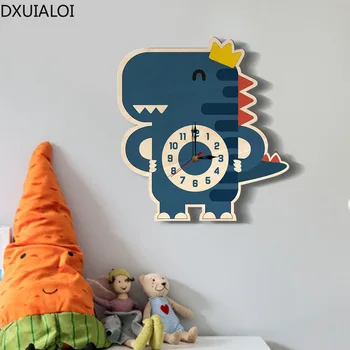 Скандинавский детский сад мультяшное украшение настенные часы индивидуальность динозавр печать деревянные немые часы украшение детской комнаты