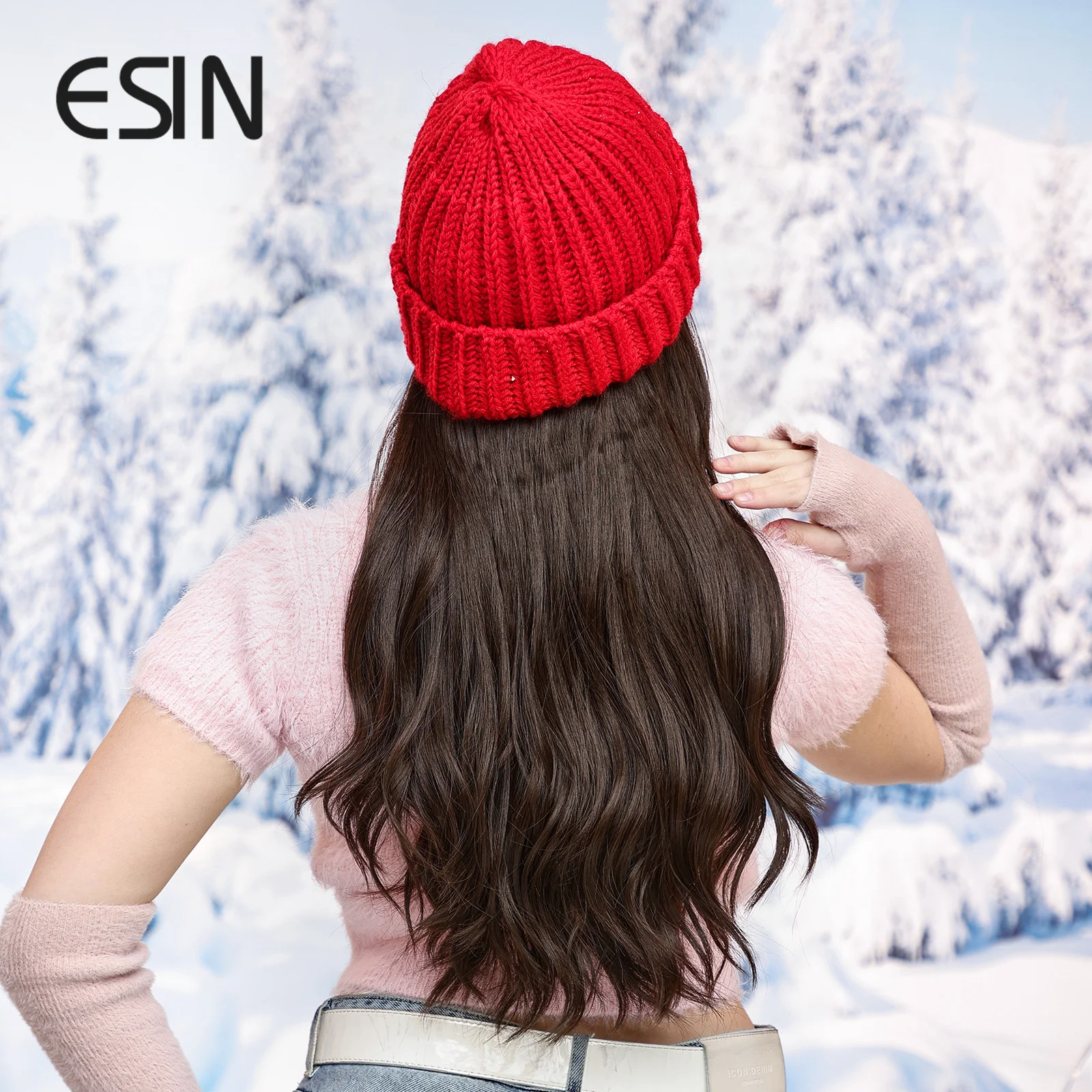 Парики ESIN Hat С длинными волнистыми волосами, черные парики с бейсбольной кепкой, парики из синтетических волокон с кепкой для женщин и девочек, повседневное использование зимой