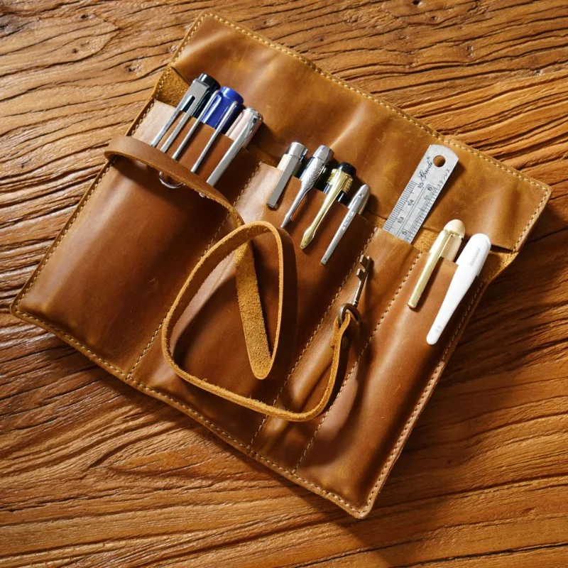 Сумка для карандашей из натуральной кожи, Минималистичная сумка для литературных Карандашей, Винтажная сумка для ручек из воловьей кожи, Многофункциональная сумка для ручек, Канцелярские принадлежности