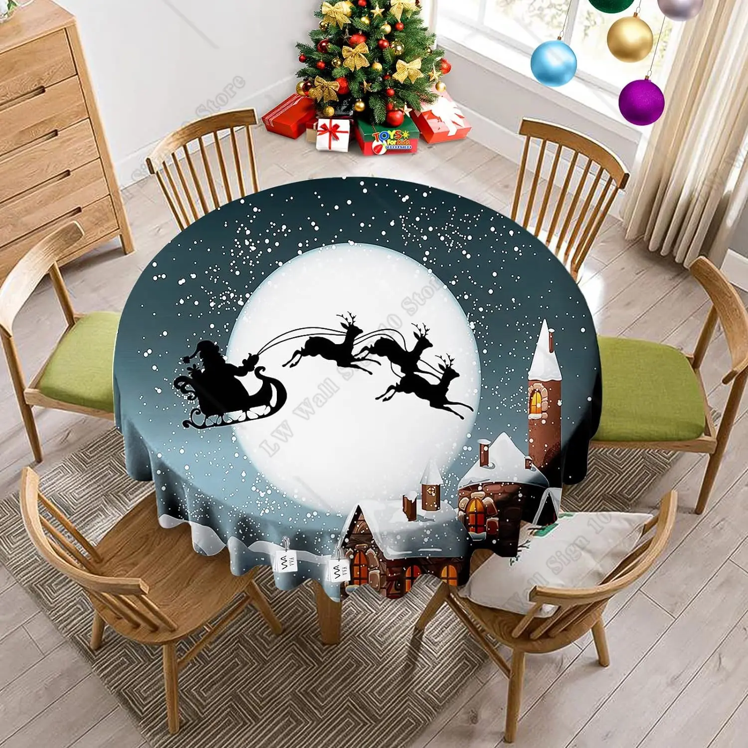 Сани Санта-Клауса со Снегом, Декоративная скатерть для круглого стола в канун зимних праздников для семейных посиделок, Рождественская вечеринка, 60 дюймов