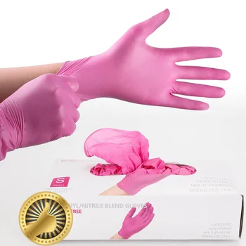 Нитриловые перчатки, розовый винил, 100 шт., пищевые, водонепроницаемые, не вызывающие аллергии, одноразовые, для женщин и девочек, защитные перчатки для работы, для уборки